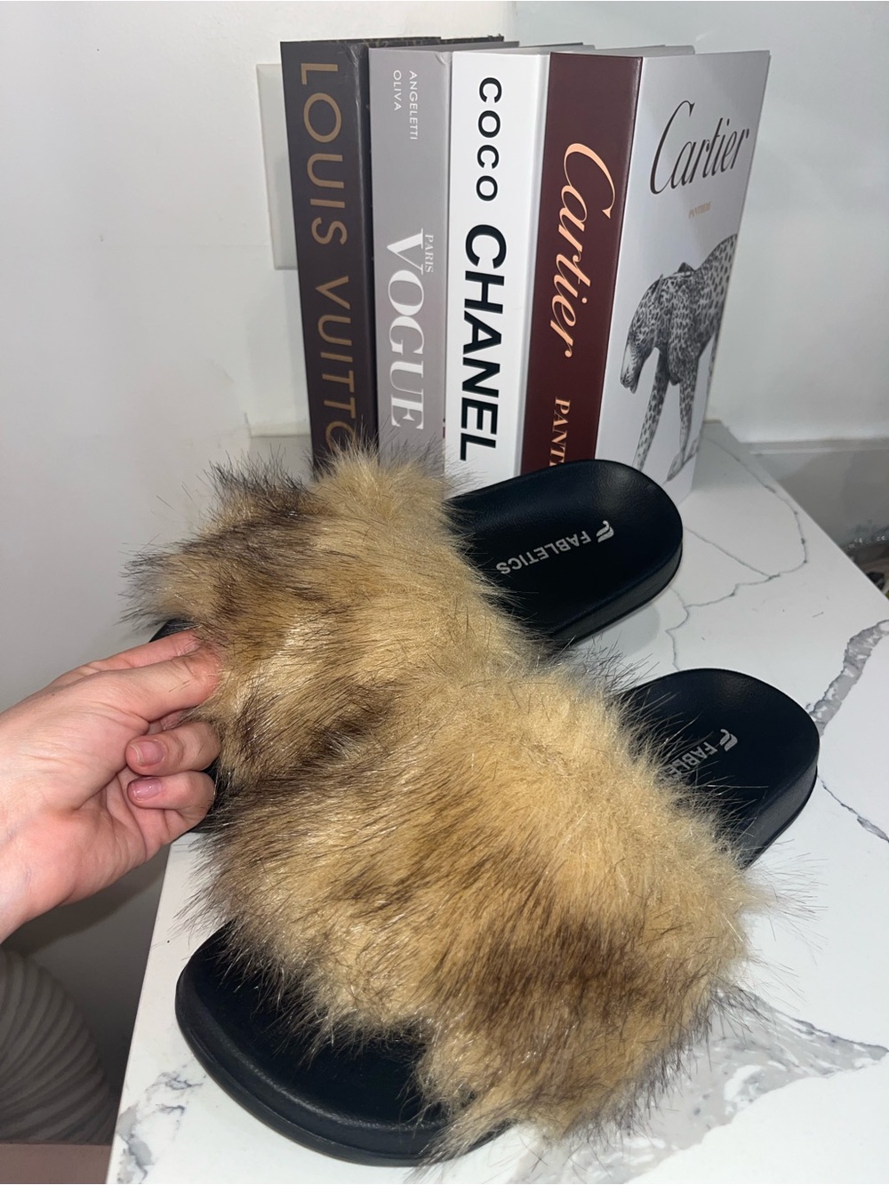 Fabletics Faux Fur Slide Sandals - Black Base with Tan Fur